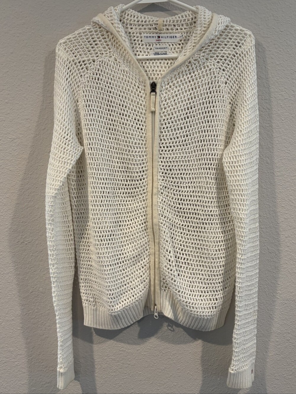 Tommy Hilfiger Jeans 90s Y2K Cream Handknit 100% Cotton Full Zip Crochet Hoodie